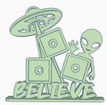 Alien Believe UFO photomagnet frame for holding three 2-inch square magnets