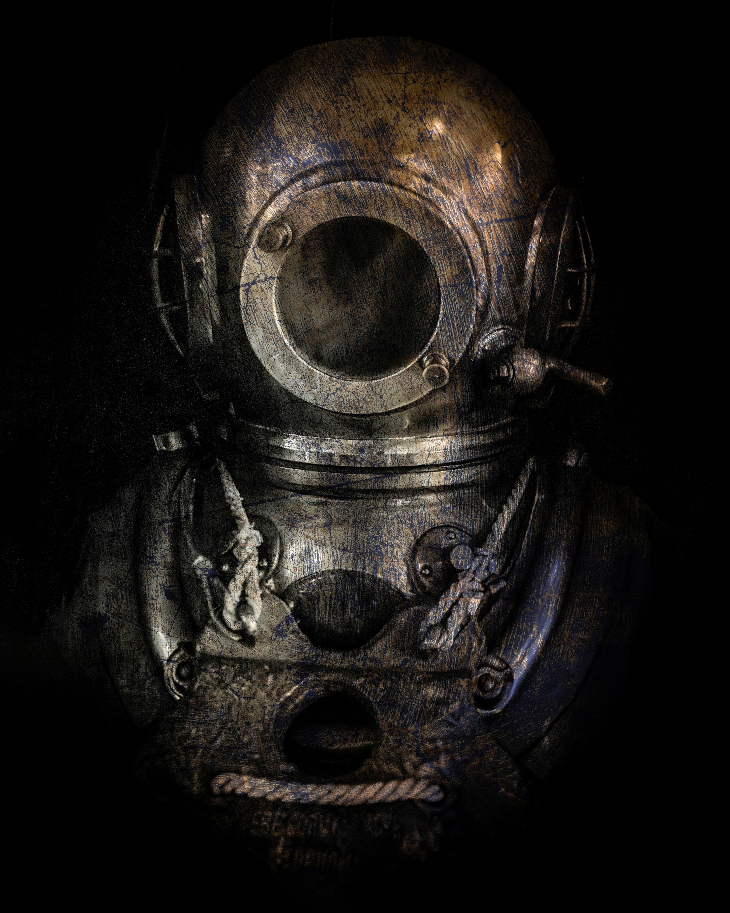 Vintage deep-sea diving helmet with glass viewport - 16x20 metal print