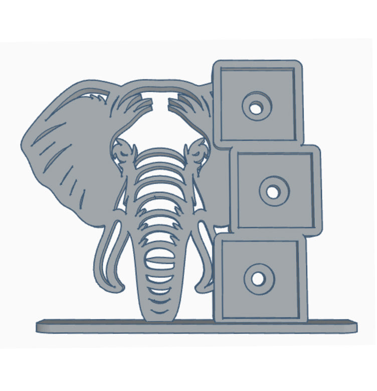Stylized elephant head photomagnet frame holding three 2-inch square magnets