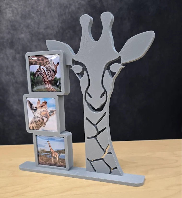 Tall giraffe photomagnet frame with three square slots for 2-inch photomagnets