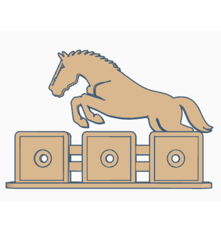 Horse jumping over fence photomagnet frame with three 2" square slots forming fence posts
