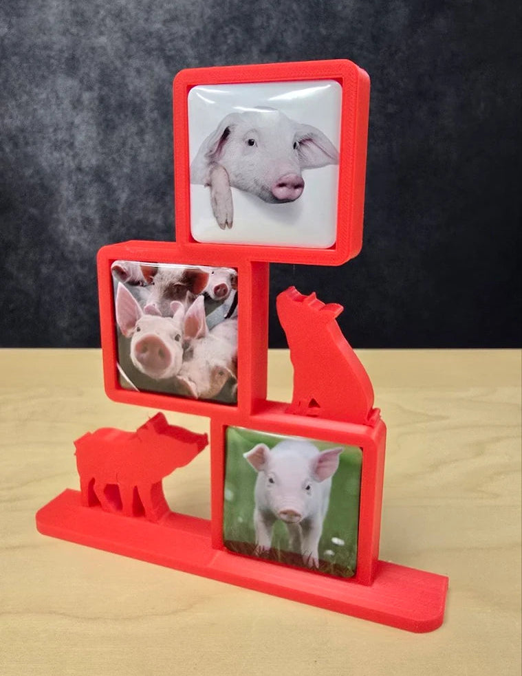 Rustic pig photomagnet frame holding three 2-inch square photomagnets