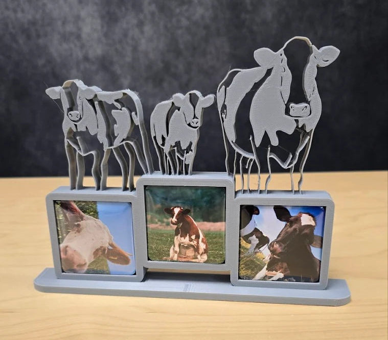 Farmhouse cow photomagnet frame with three square slots for 2-inch magnets
